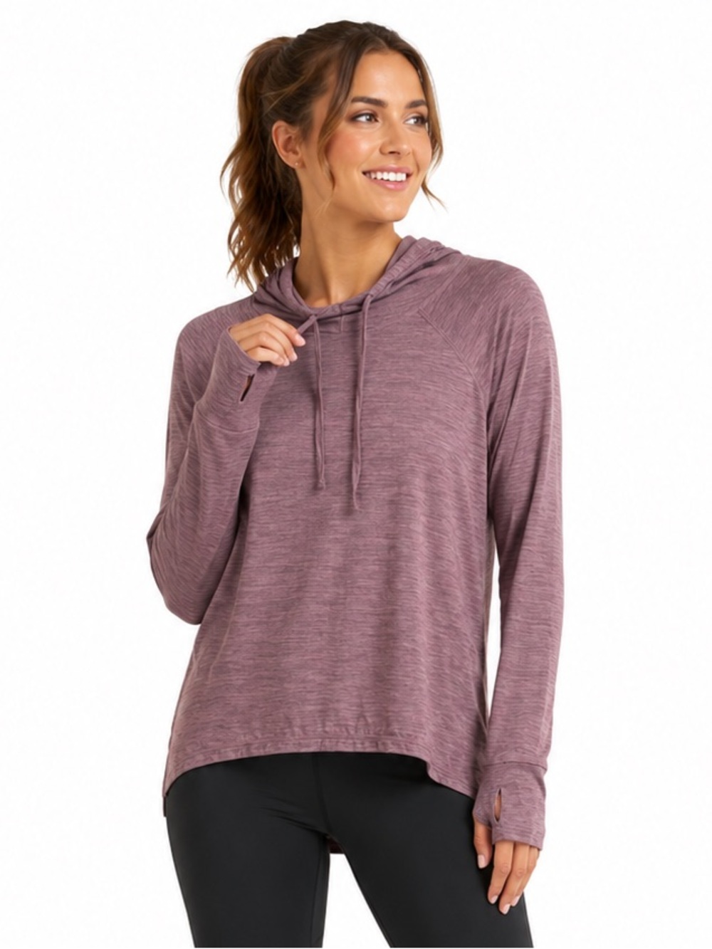 Gaiam Mauve Heather Hooded Pullover Thumbholes Yoga Training Lightweight Layer S